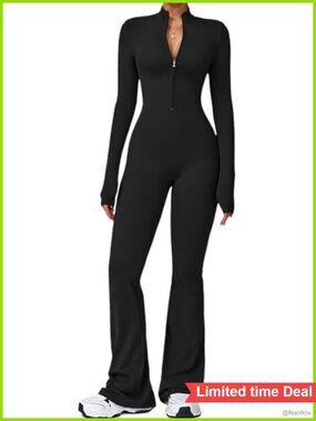 Women Long Sleeve Flared Jumpsuit Zip Up Romper Unitard Wide Leg